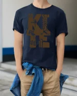 Abstract Number 42 Graphic Tee Minimal Artistic Style Mood - model wearing navy tee with hands in pockets
