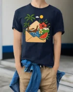 Tropical Vacation Letter Graphic Tee Summer Travel Mood Art - model wearing navy tee with hands in pockets