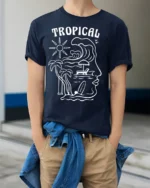 Tropical Wave Face Graphic Tee Beach Artistic Summer Mood - model wearing navy tee with hands in pockets