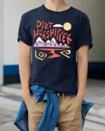Dirt Worshipper Graphic Tee Funny Mountain Adventure Style - model wearing navy tee with hands in pockets