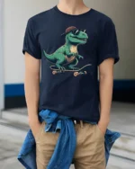 Funny Skateboard Dinosaur Graphic Tee Cool Retro Style Mood - model wearing navy tee with hands in pockets