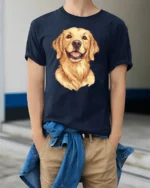 Golden Retriever Smiling Dog Graphic Tee Cute Happy Mood Style - model wearing navy tee with hands in pockets