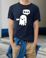 Cute Boo Ghost Graphic Tee Funny Minimal Halloween Style - model wearing navy tee with hands in pockets