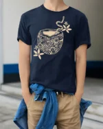 Artistic Coffee Cup Graphic Tee Cozy Aesthetic Style Design - model wearing navy tee with hands in pockets
