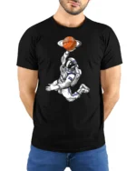 Astronaut Basketball Planet Graphic Tee Space Sports Style - model wearing black tee with hands behind back