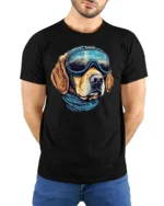 Adventure Dog Pilot Graphic Tee Mountain Explorer Style - model wearing black tee with hands behind back