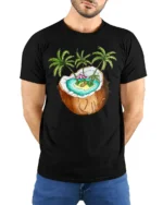 Tropical Coconut Island Graphic Tee Summer Vacation Mood - model wearing black tee with hands behind back