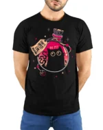 Funny Magic Potion Cat Graphic Tee Cute Mystery Style Art - model wearing black tee with hands behind back
