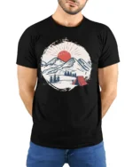 Mountain Camping Sunset Graphic Tee Outdoor Adventure Style - model wearing black tee with hands behind back