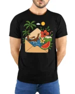 Tropical Vacation Letter Graphic Tee Summer Travel Mood Art - model wearing black tee with hands behind back