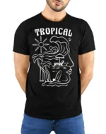 Tropical Wave Face Graphic Tee Beach Artistic Summer Mood - model wearing black tee with hands behind back
