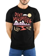 Dirt Worshipper Graphic Tee Funny Mountain Adventure Style - model wearing black tee with hands behind back