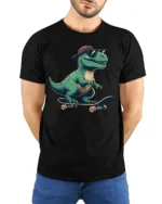 Funny Skateboard Dinosaur Graphic Tee Cool Retro Style Mood - model wearing black tee with hands behind back