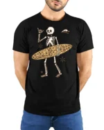 Funny Skeleton Surfer Graphic Tee Beach Humor Summer Style - model wearing black tee with hands behind back
