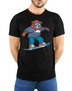 Funny Snowboard Bear Graphic Tee Winter Adventure Style - model wearing black tee with hands behind back