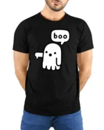 Cute Boo Ghost Graphic Tee Funny Minimal Halloween Style - model wearing black tee with hands behind back