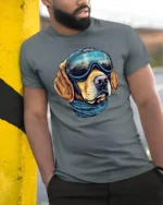 Adventure Dog Pilot Graphic Tee Mountain Explorer Style - model wearing grey tee, leaning on column