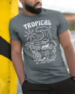 Tropical Wave Face Graphic Tee Beach Artistic Summer Mood - model wearing grey tee, leaning on column