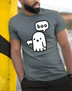 Cute Boo Ghost Graphic Tee Funny Minimal Halloween Style - model wearing grey tee, leaning on column
