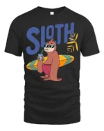 Funny Sloth Surfing Graphic Tee Chill Beach Vibes Tshirt - black t-shirt on white background