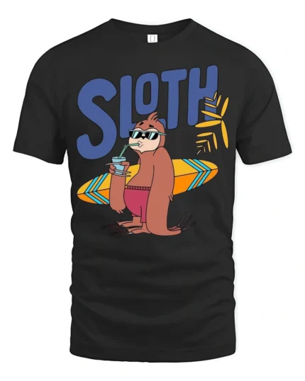 Funny Sloth Surfing Graphic Tee Chill Beach Vibes Tshirt - black t-shirt on white background