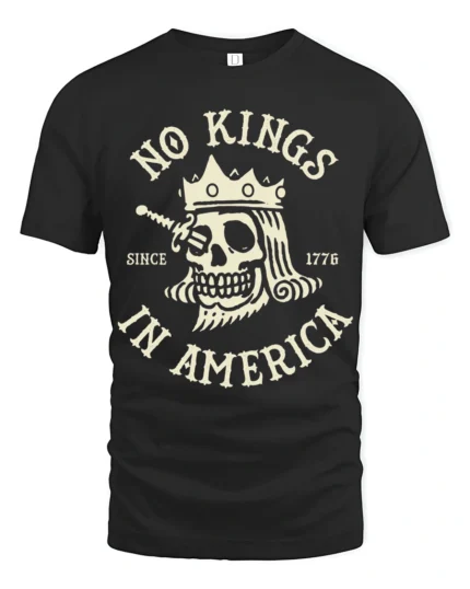 No Kings In America Skull Graphic Tee Patriotic Vintage Tshirt - black t-shirt on white background