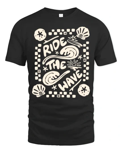 Ride The Wave Graphic Tee Retro Beach Surf Style Tshirt - black t-shirt on white background