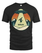 Funny UFO Snowboard Bruh Graphic Tee Retro Mountain Tshirt - black t-shirt on white background