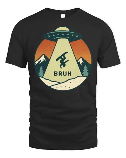 Funny UFO Snowboard Bruh Graphic Tee Retro Mountain Tshirt - black t-shirt on white background