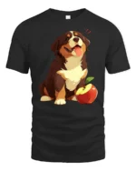 Cute Happy Puppy With Apple Graphic Tee Funny Dog Tshirt - black t-shirt on white background