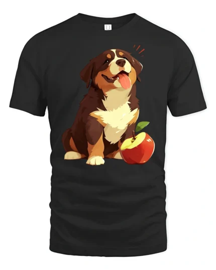 Cute Happy Puppy With Apple Graphic Tee Funny Dog Tshirt - black t-shirt on white background