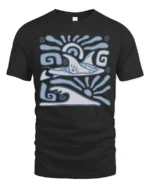 Retro Dolphin Wave Graphic Tee Ocean Tribal Style Tshirt - black t-shirt on white background
