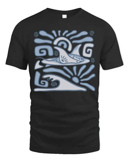 Retro Dolphin Wave Graphic Tee Ocean Tribal Style Tshirt - black t-shirt on white background