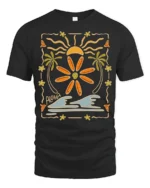 Aloha Surfboard Sun Graphic Tee Tropical Beach Vibes Tshirt - black t-shirt on white background