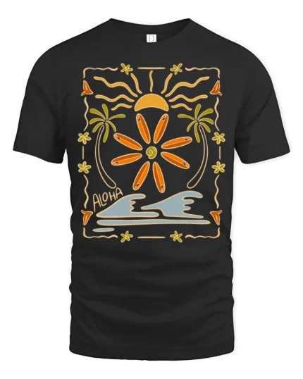Aloha Surfboard Sun Graphic Tee Tropical Beach Vibes Tshirt - black t-shirt on white background