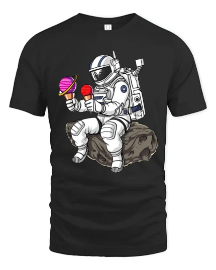 Funny Astronaut Ice Cream Graphic Tee Space Humor Art Tshirt - black t-shirt on white background