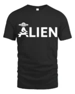 Minimal Alien UFO Graphic Tee Funny Sci Fi Humor Tshirt - black t-shirt on white background