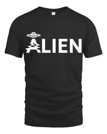 Minimal Alien UFO Graphic Tee Funny Sci Fi Humor Tshirt - black t-shirt on white background