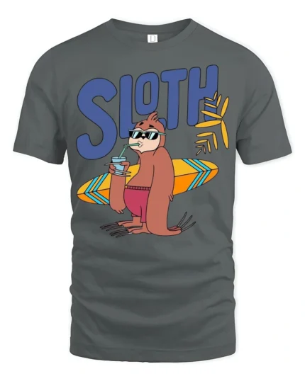 Funny Sloth Surfing Graphic Tee Chill Beach Vibes Tshirt - gray t-shirt on white background