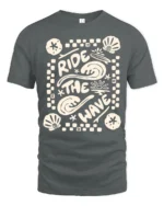 Ride The Wave Graphic Tee Retro Beach Surf Style Tshirt - gray t-shirt on white background