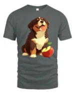 Cute Happy Puppy With Apple Graphic Tee Funny Dog Tshirt - gray t-shirt on white background