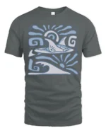 Retro Dolphin Wave Graphic Tee Ocean Tribal Style Tshirt - gray t-shirt on white background