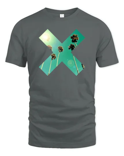 Tropical Palm X Graphic Tee Retro Summer Sunset Vibes Tshirt - gray t-shirt on white background