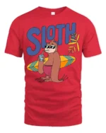 Funny Sloth Surfing Graphic Tee Chill Beach Vibes Tshirt - red t-shirt on white background