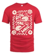 Ride The Wave Graphic Tee Retro Beach Surf Style Tshirt - red t-shirt on white background