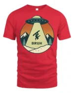 Funny UFO Snowboard Bruh Graphic Tee Retro Mountain Tshirt - red t-shirt on white background