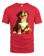 Cute Happy Puppy With Apple Graphic Tee Funny Dog Tshirt - red t-shirt on white background