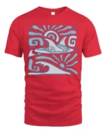 Retro Dolphin Wave Graphic Tee Ocean Tribal Style Tshirt - red t-shirt on white background