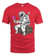 Funny Astronaut Ice Cream Graphic Tee Space Humor Art Tshirt - red t-shirt on white background