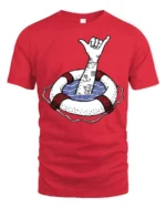 Shaka Hand Lifebuoy Graphic Tee Beach Vibes Funny Tshirt - red t-shirt on white background